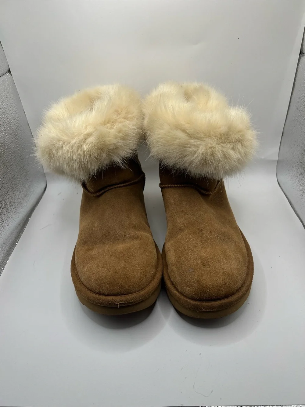 UGG Chestnut Suede Ankle Boots with Cream Faux Fur Cuff